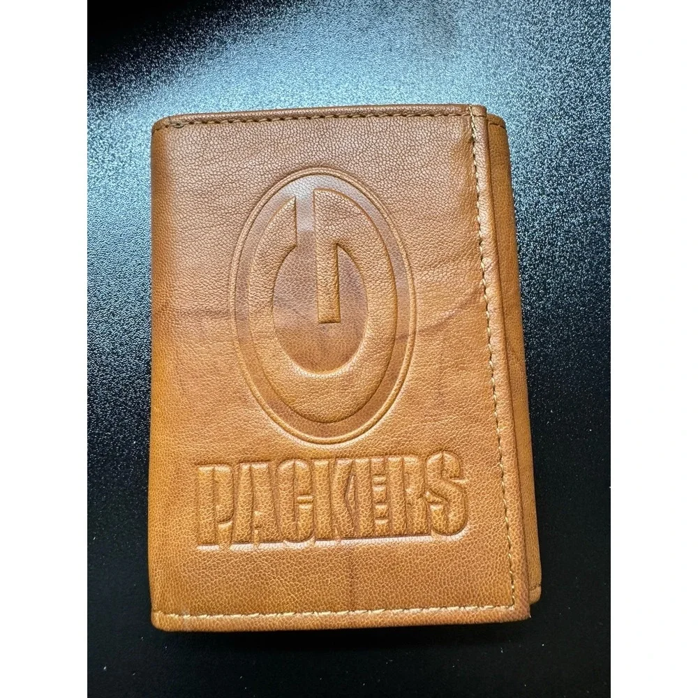 Green Bay Packers Genuine Leather Bifold Wallet NFL Embossed Logo Brown